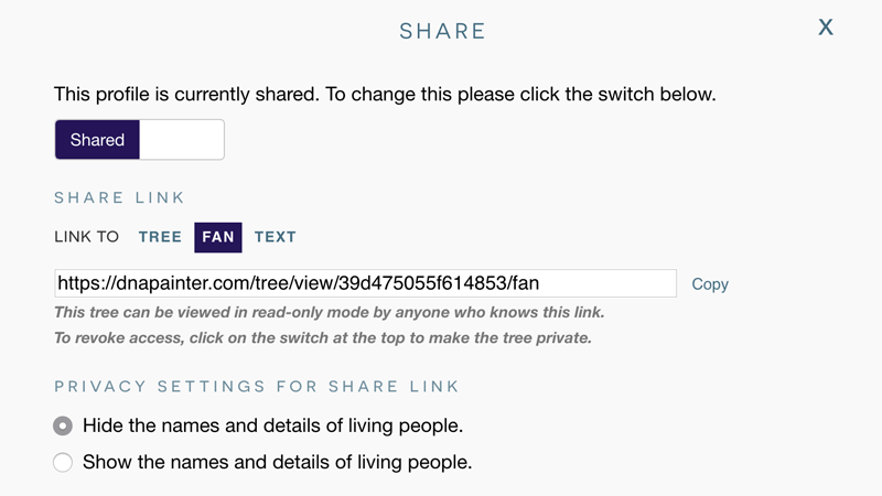 Keep your tree completely private or share with the option to hide living people
