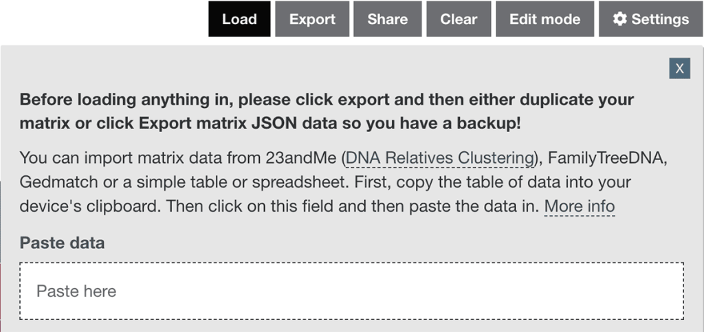 The import function within the Load menu of the DNA Painter Matrix tool